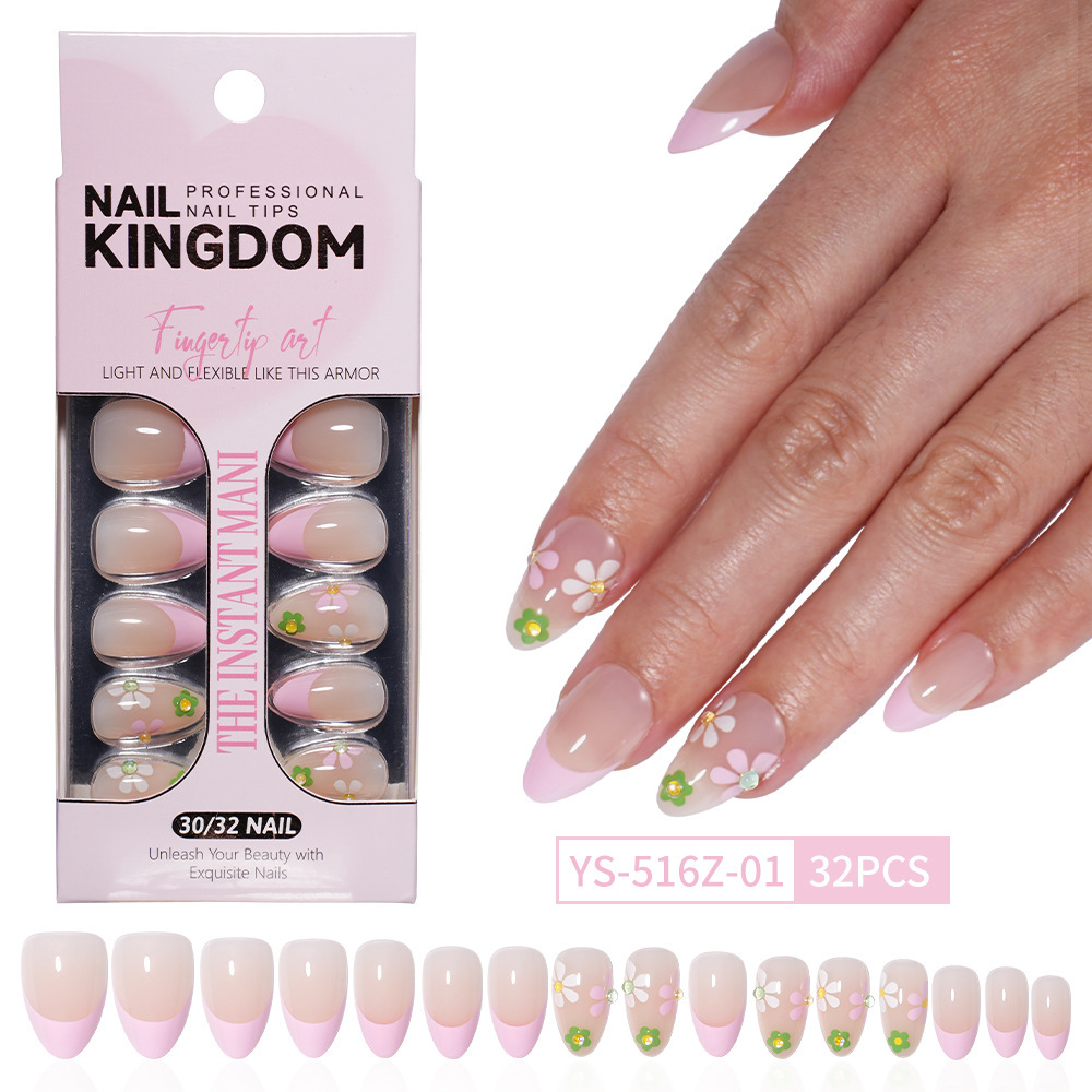 Medium Almond French Floral Press-On Nails with 15 Sizes and Soft ABS Material