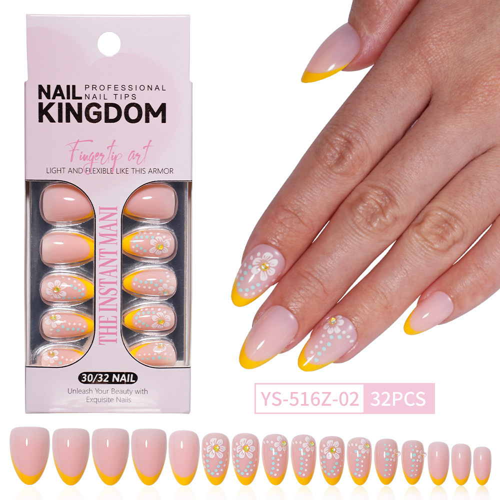 Medium Almond French Floral Press-On Nails with 15 Sizes and Soft ABS Material