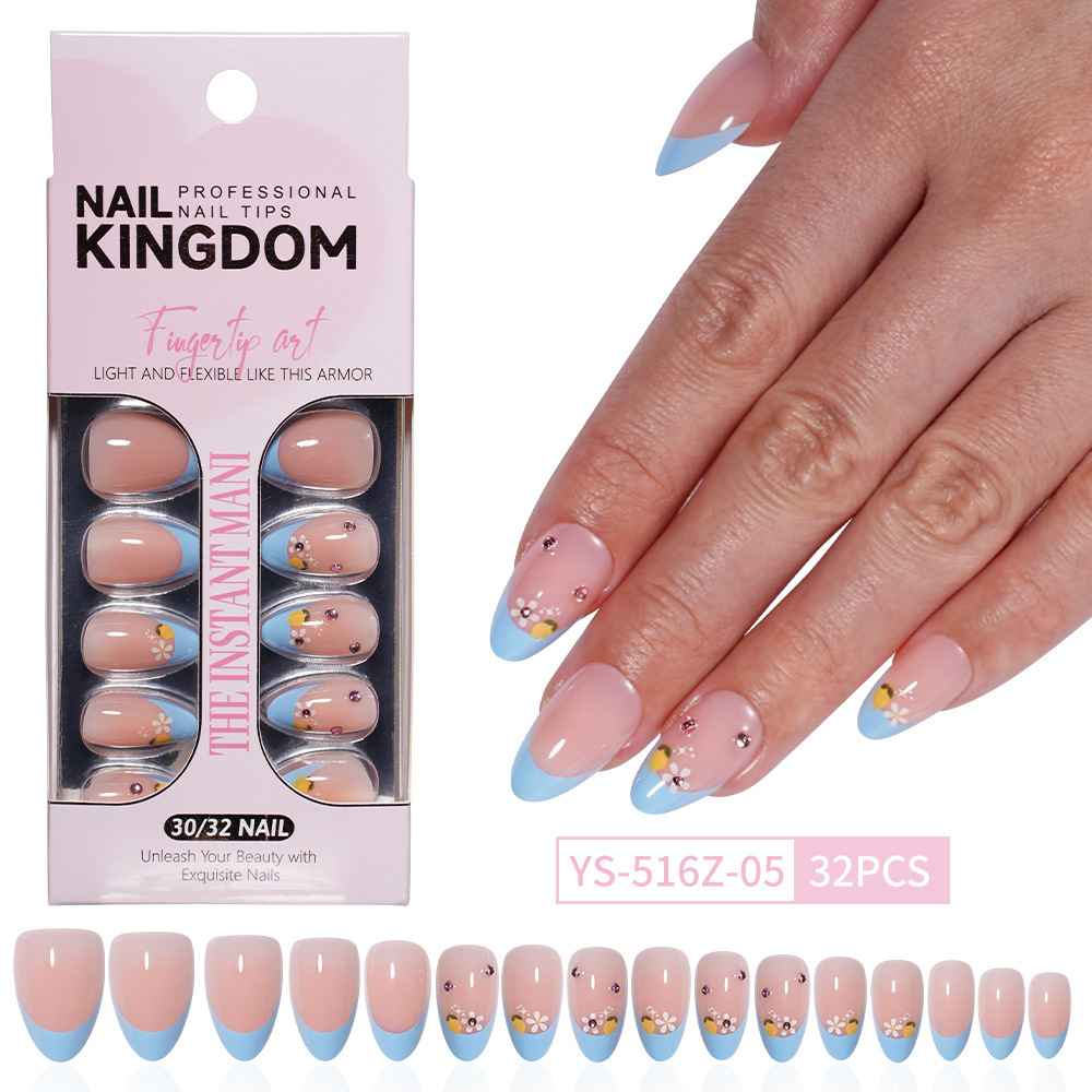 Medium Almond French Floral Press-On Nails with 15 Sizes and Soft ABS Material