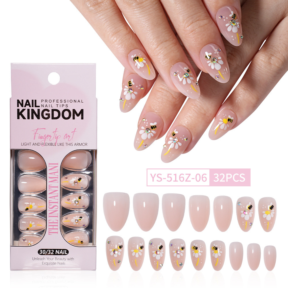 Medium Almond French Floral Press-On Nails with 15 Sizes and Soft ABS Material