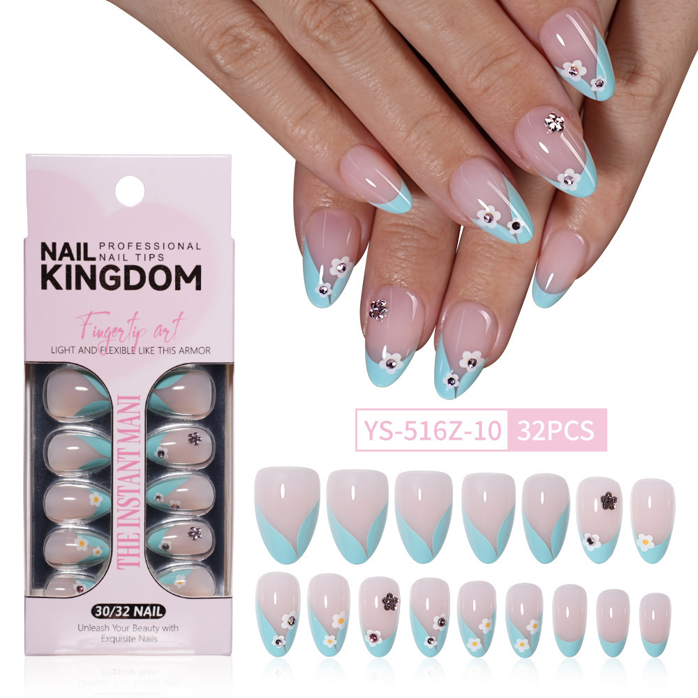 Medium Almond French Floral Press-On Nails with 15 Sizes and Soft ABS Material