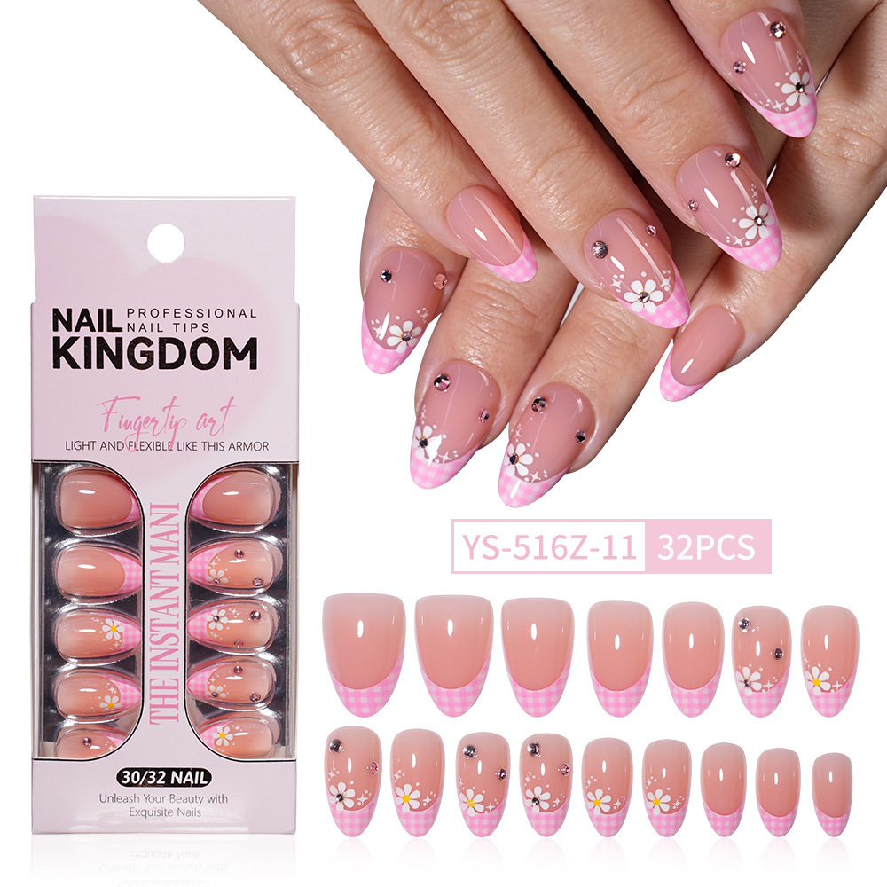 Medium Almond French Floral Press-On Nails with 15 Sizes and Soft ABS Material