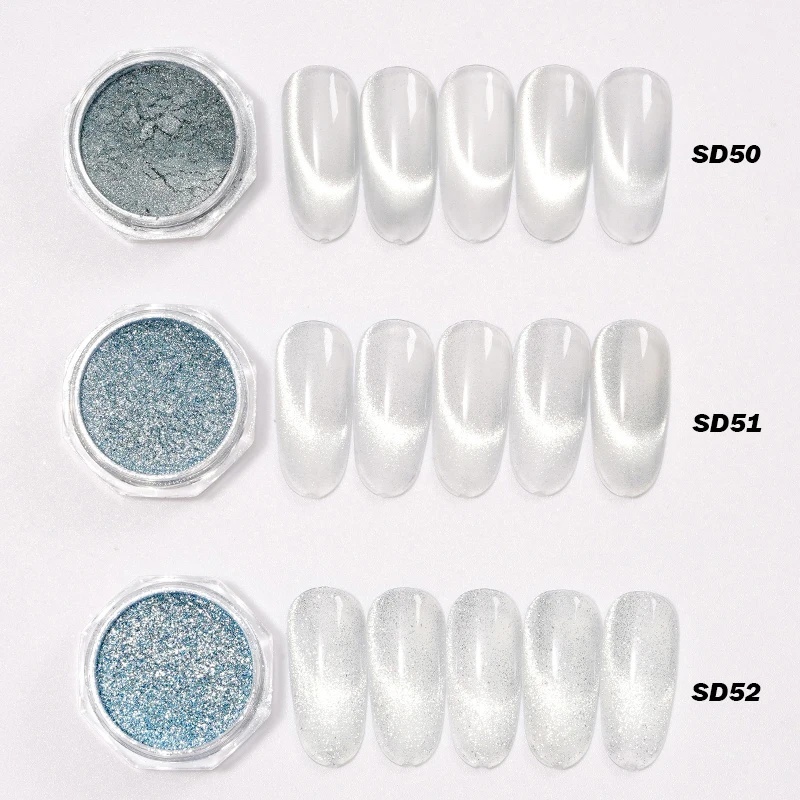 White Moonlight Cat Eye Nail Powder with Milky White Base and Ice Blue Shimmer