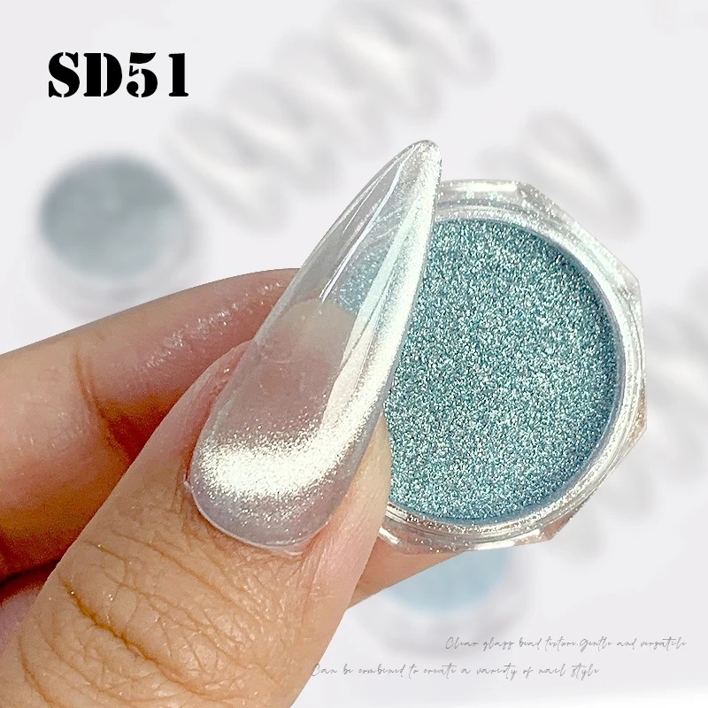 White Moonlight Cat Eye Nail Powder with Milky White Base and Ice Blue Shimmer