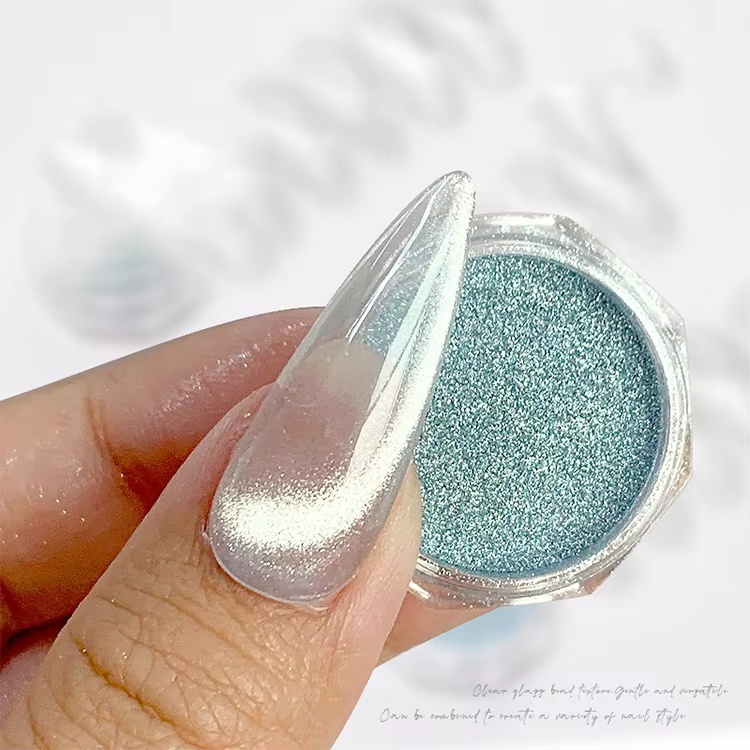 White Moonlight Cat Eye Nail Powder with Milky White Base and Ice Blue Shimmer