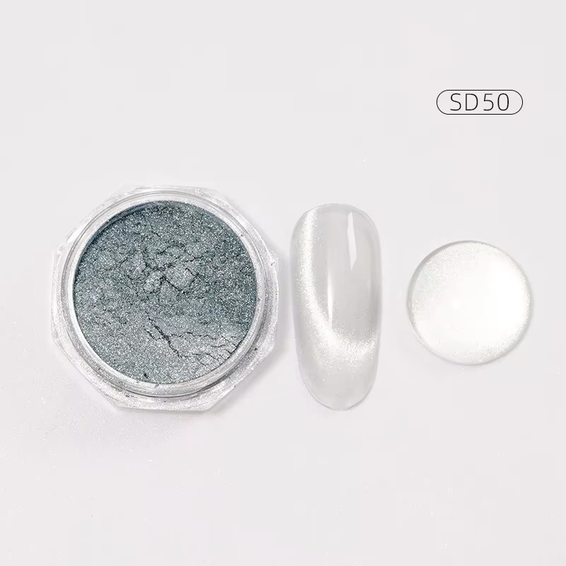 White Moonlight Cat Eye Nail Powder with Milky White Base and Ice Blue Shimmer