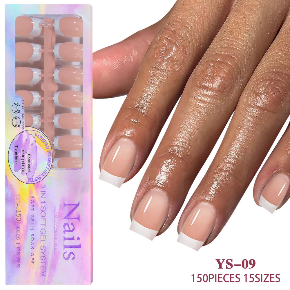 Wholesale French Tip Soft Gel Press On Nails 150PCS 15 Sizes 3 in 1 Pre-shaped False Nails