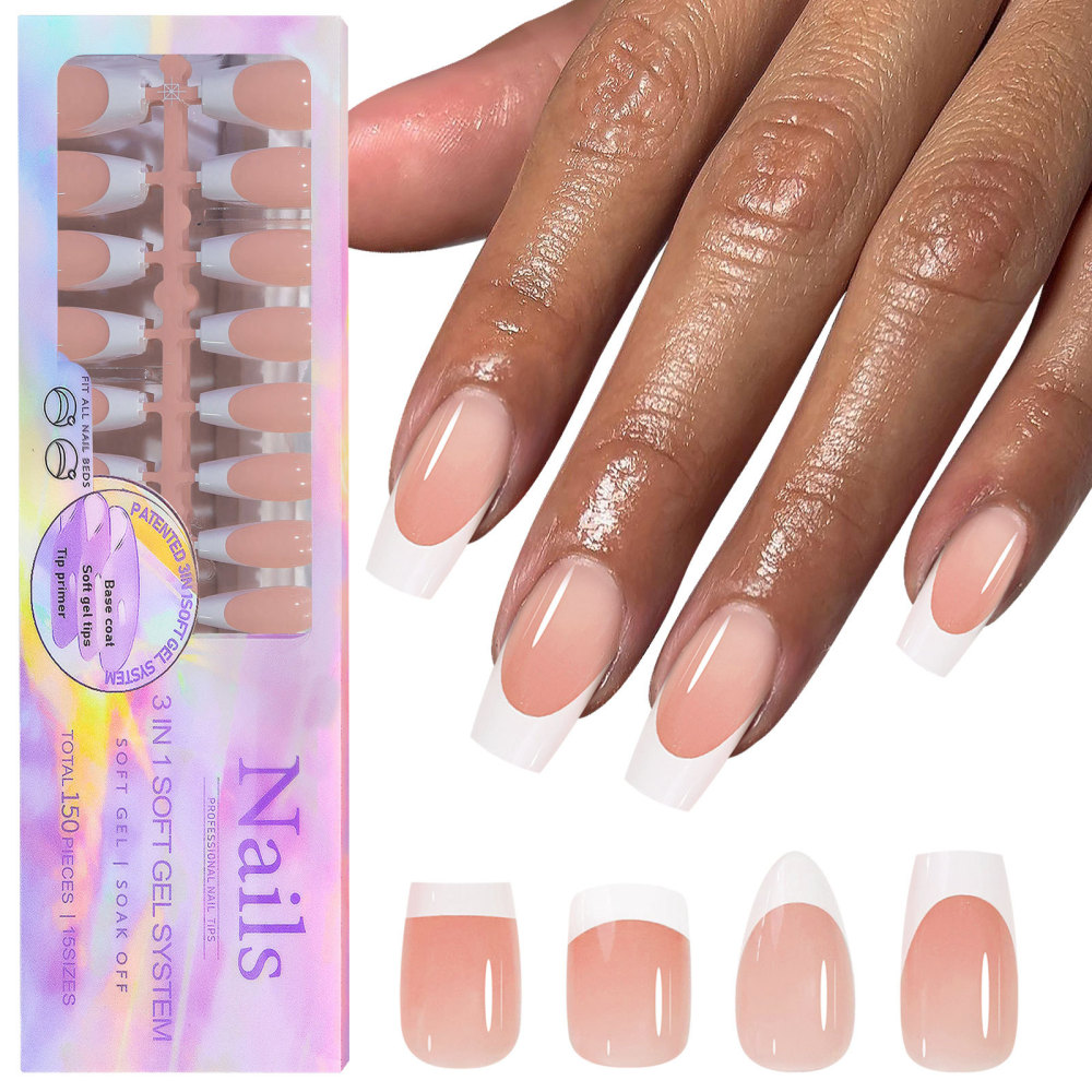 Wholesale French Tip Soft Gel Press On Nails 150PCS 15 Sizes 3 in 1 Pre-shaped False Nails