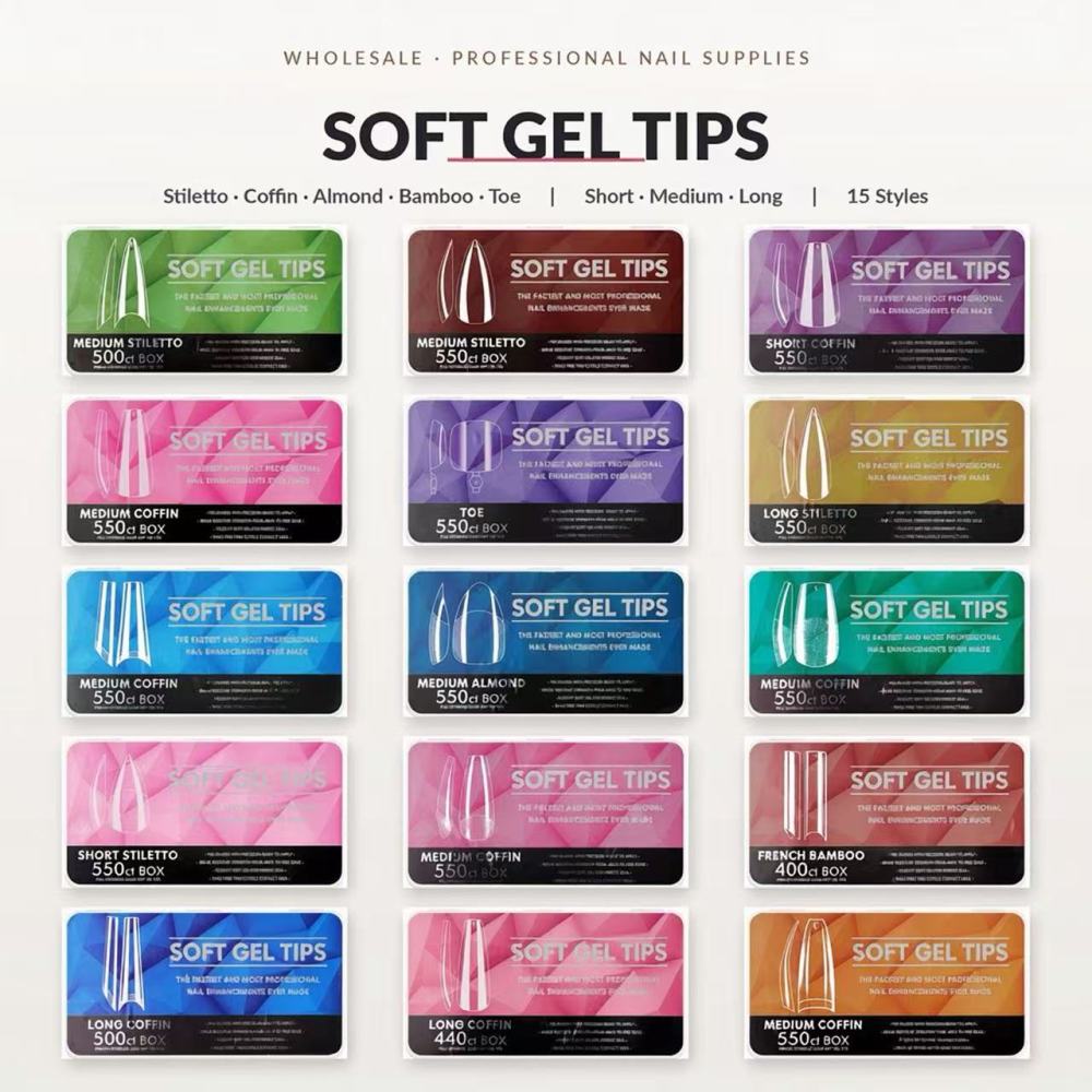 Wholesale 15 Styles Soft Gel Nail Tips Collection Full Range Shapes Lengths Professional Salon Nail Extensions