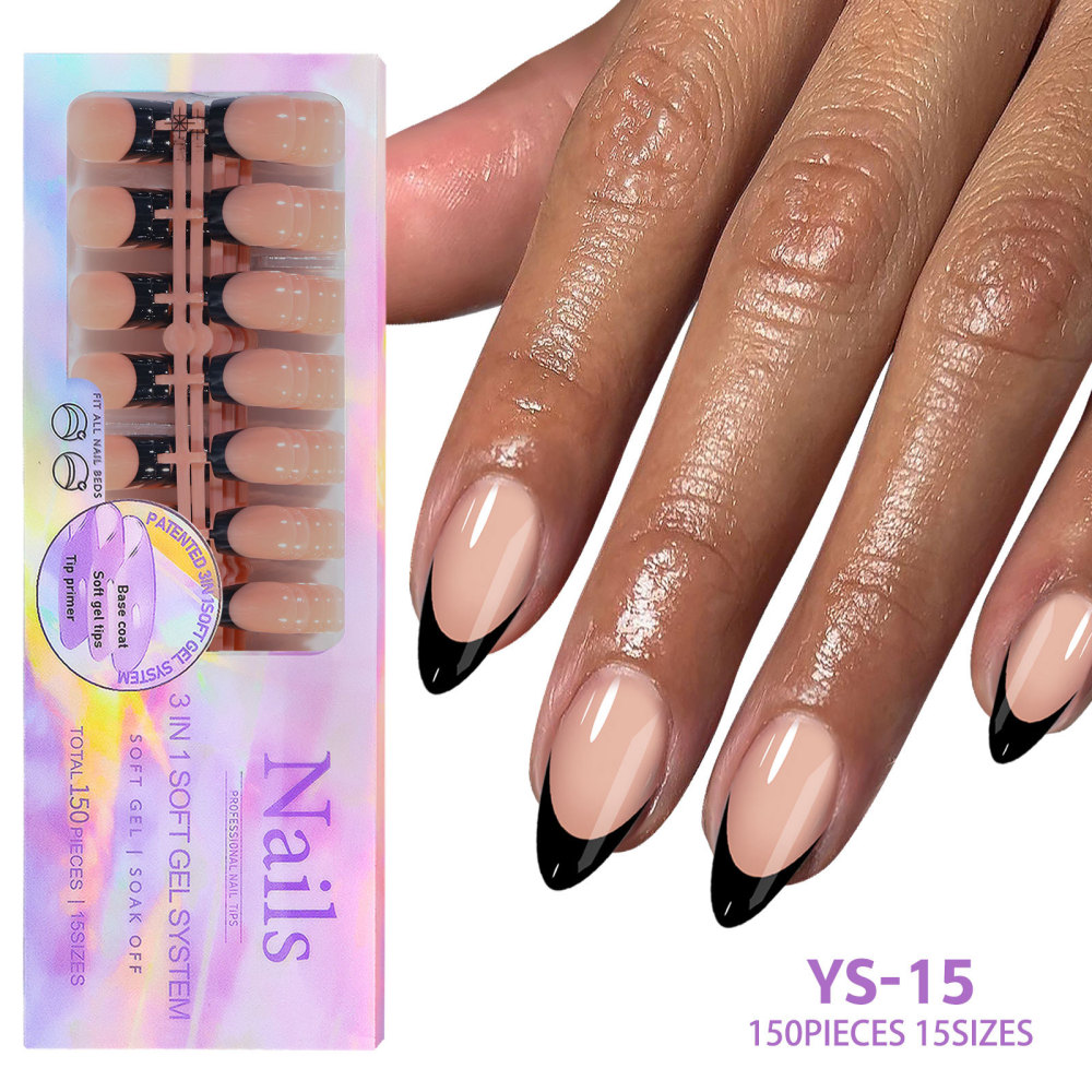 Wholesale 15 Styles 3-in-1 French Soft Gel Press On Nails 150PCS 15 Sizes Pre-designed Soak Off False Nails