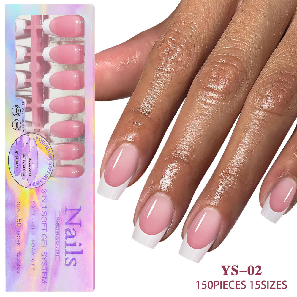 Wholesale 15 Styles 3-in-1 French Soft Gel Press On Nails 150PCS 15 Sizes Pre-designed Soak Off False Nails