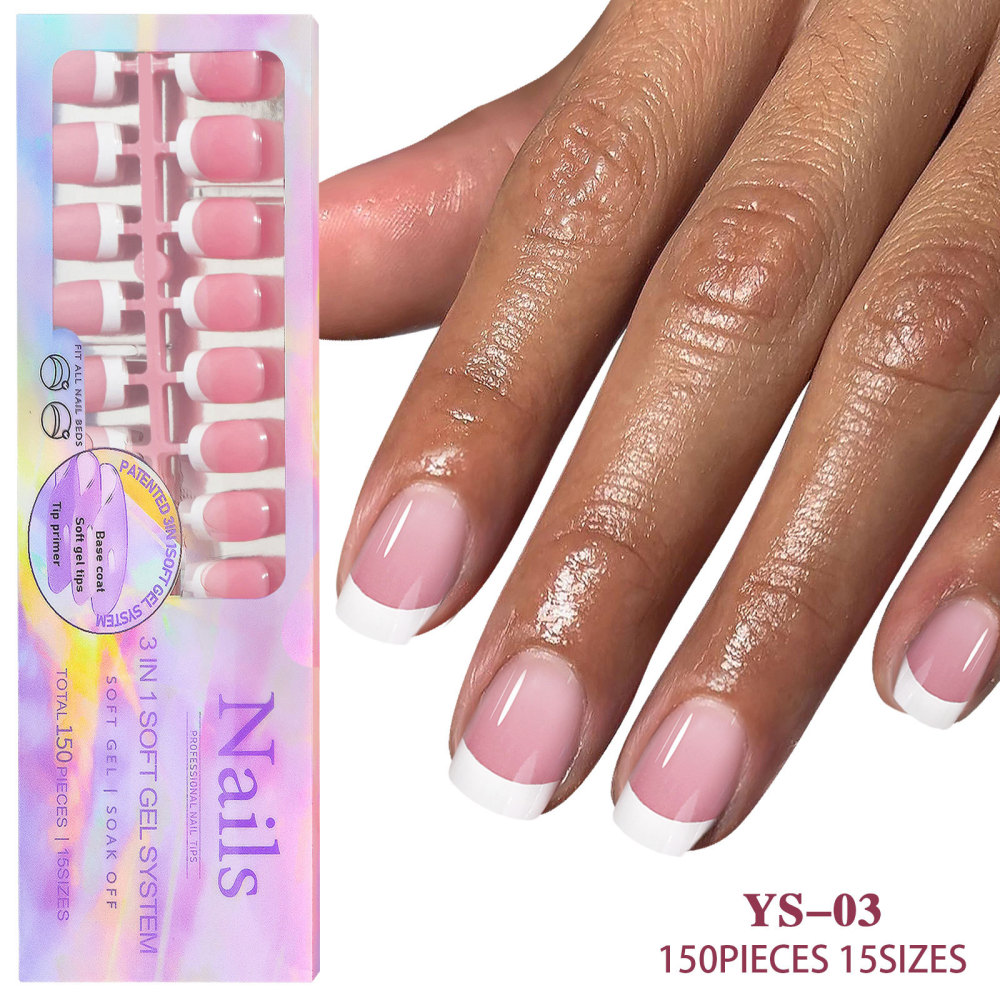 Wholesale 15 Styles 3-in-1 French Soft Gel Press On Nails 150PCS 15 Sizes Pre-designed Soak Off False Nails