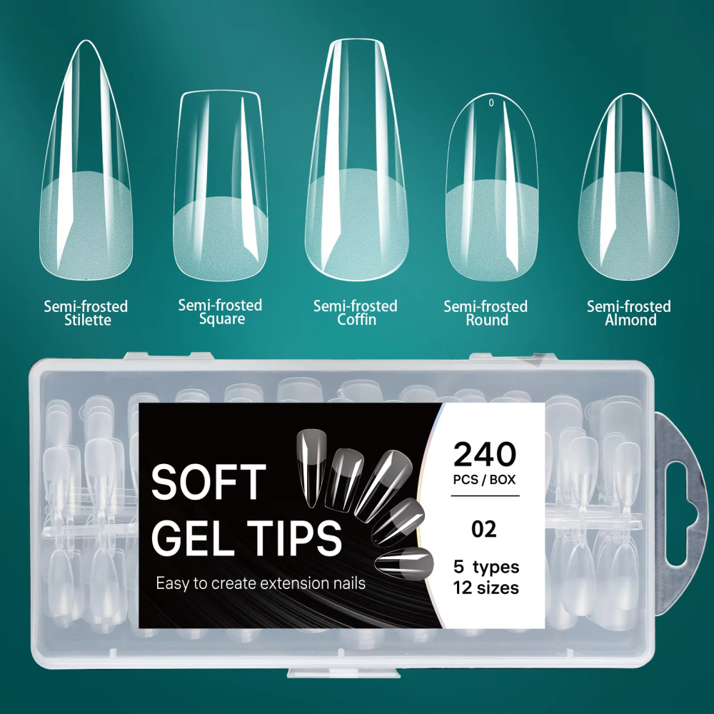 Wholesale 5 Shapes Mixed Soft Gel Nail Tips Kit 240PCS 12 Sizes Clear Frosted Semi-Frosted Salon Nail Extensions