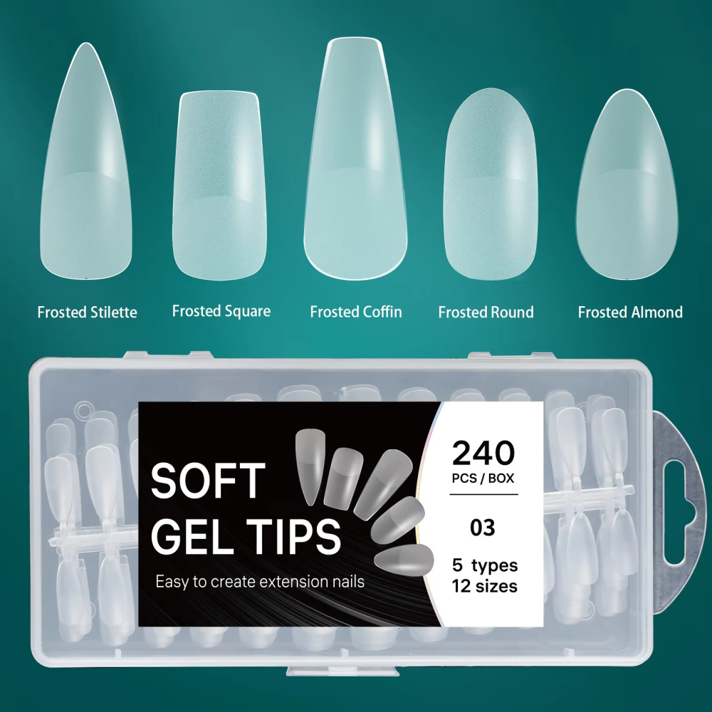 Wholesale 5 Shapes Mixed Soft Gel Nail Tips Kit 240PCS 12 Sizes Clear Frosted Semi-Frosted Salon Nail Extensions