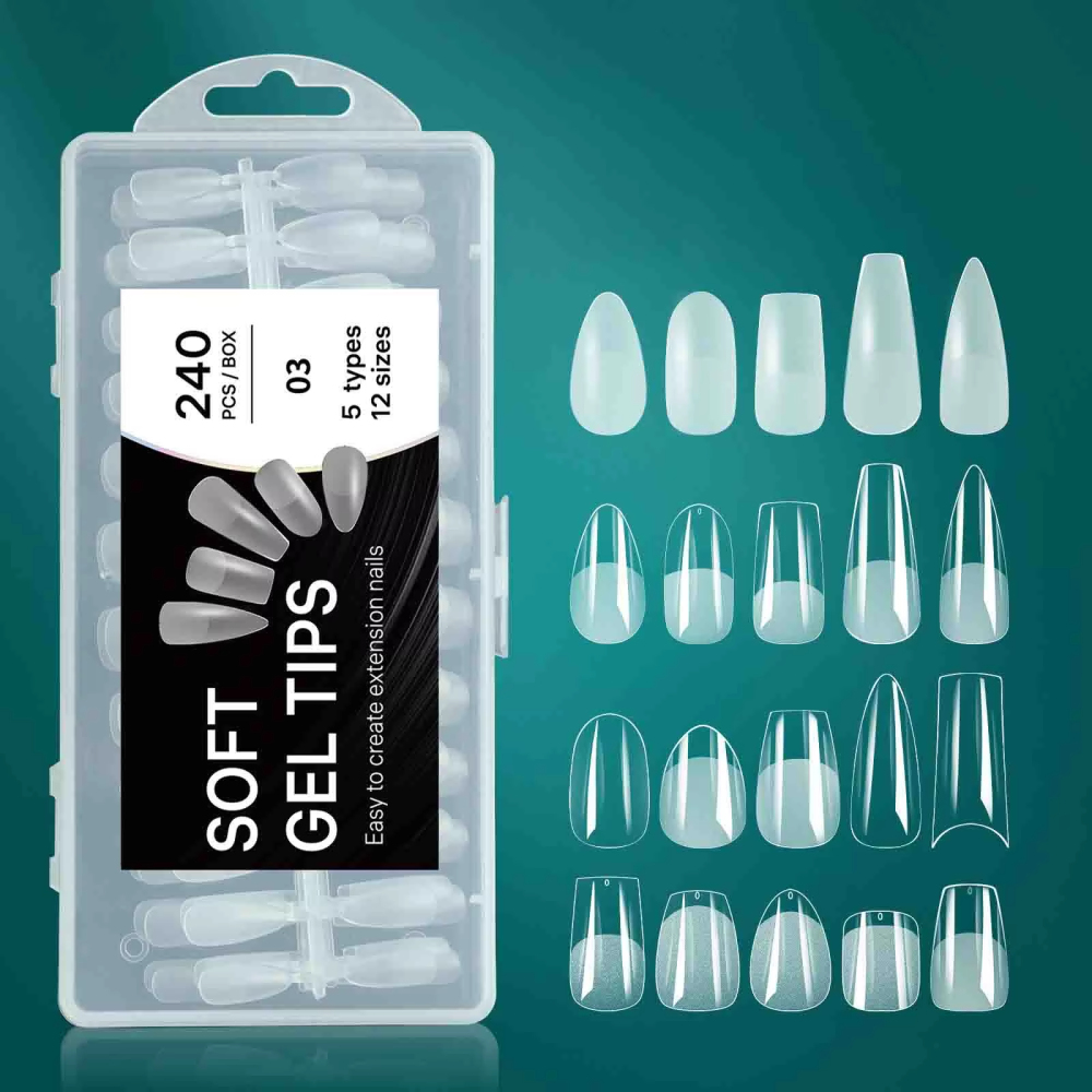 Wholesale 5 Shapes Mixed Soft Gel Nail Tips Kit 240PCS 12 Sizes Clear Frosted Semi-Frosted Salon Nail Extensions