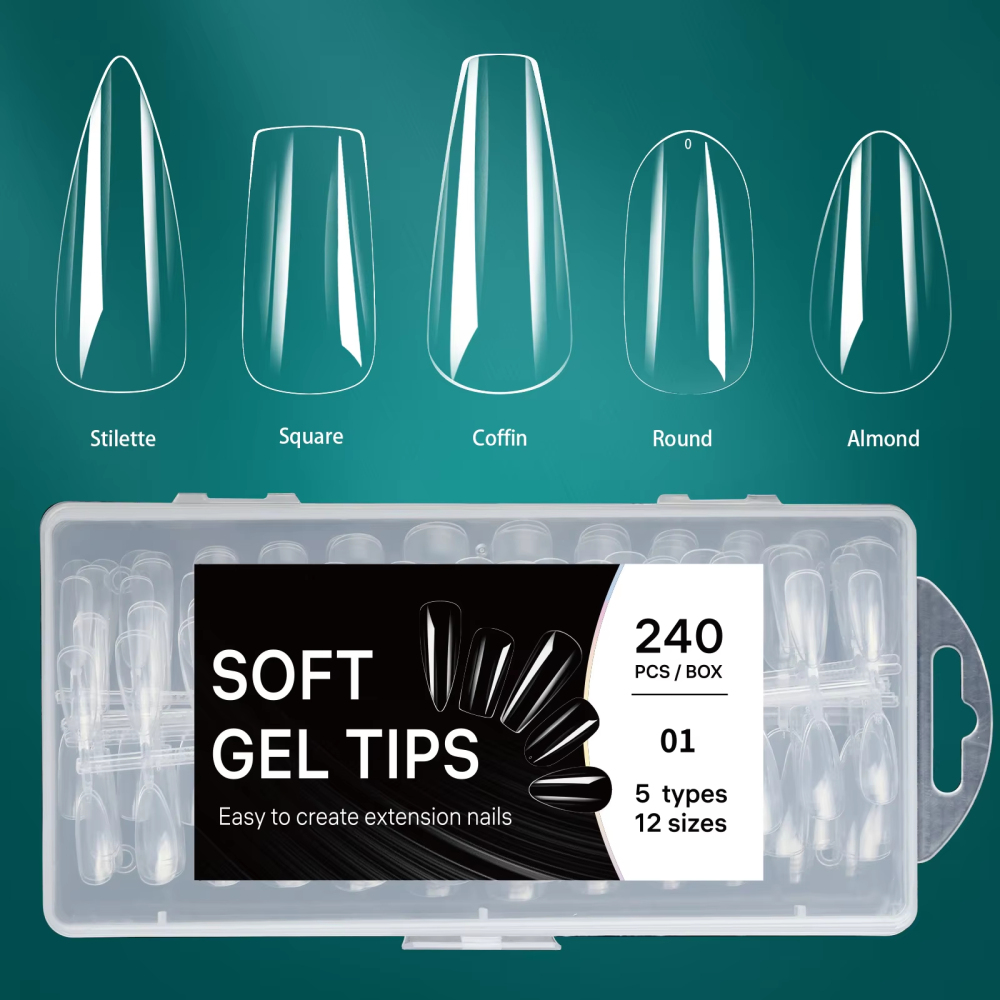 Wholesale 5 Shapes Mixed Soft Gel Nail Tips Kit 240PCS 12 Sizes Clear Frosted Semi-Frosted Salon Nail Extensions