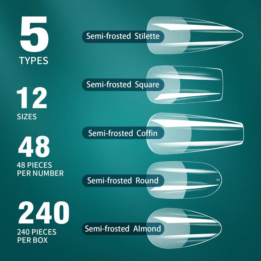 Wholesale 5 Shapes Mixed Soft Gel Nail Tips Kit 240PCS 12 Sizes Clear Frosted Semi-Frosted Salon Nail Extensions