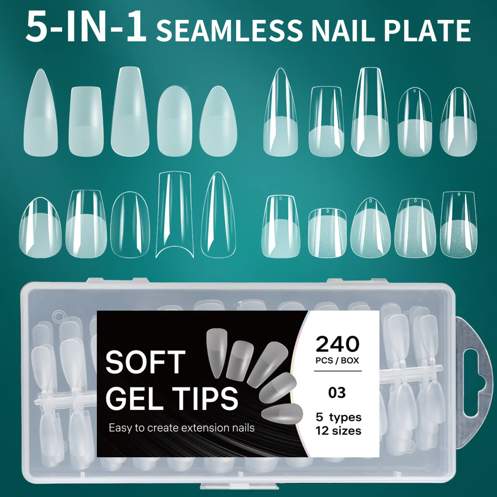 Wholesale 5 Shapes Mixed Soft Gel Nail Tips Kit 240PCS 12 Sizes Clear Frosted Semi-Frosted Salon Nail Extensions