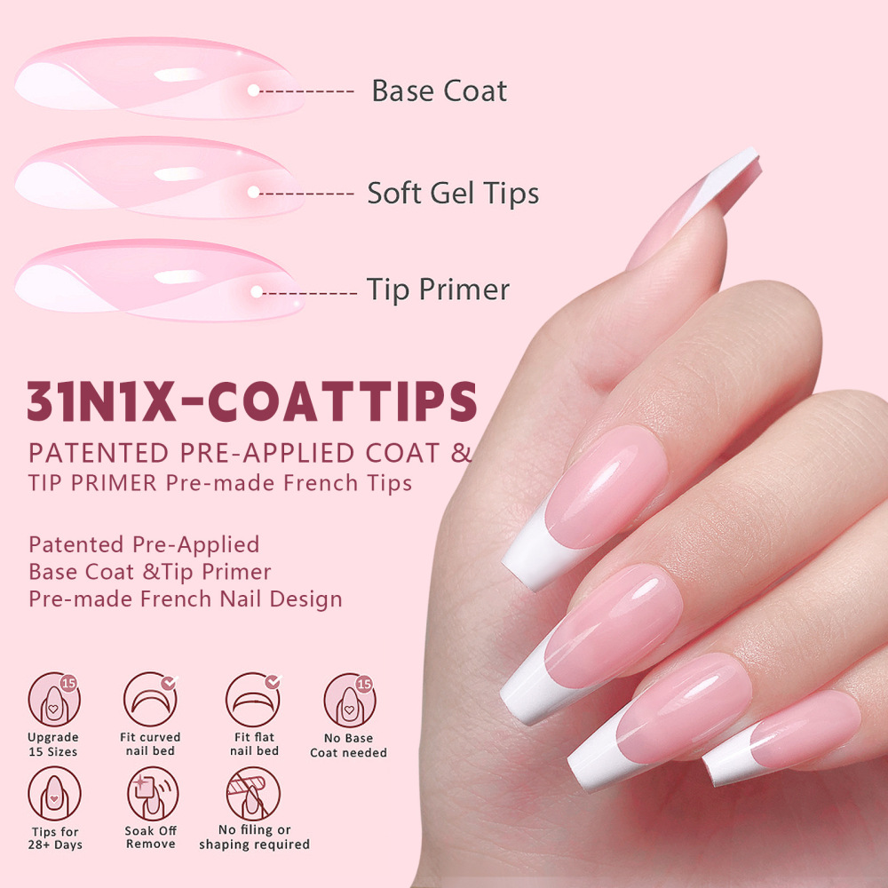 Wholesale 15 Styles 3-in-1 French Soft Gel Press On Nails 150PCS 15 Sizes Pre-designed Soak Off False Nails