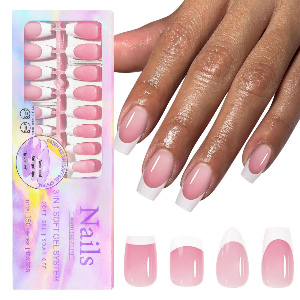 Wholesale 15 Styles 3-in-1 French Soft Gel Press On Nails 150PCS 15 Sizes Pre-designed Soak Off False Nails