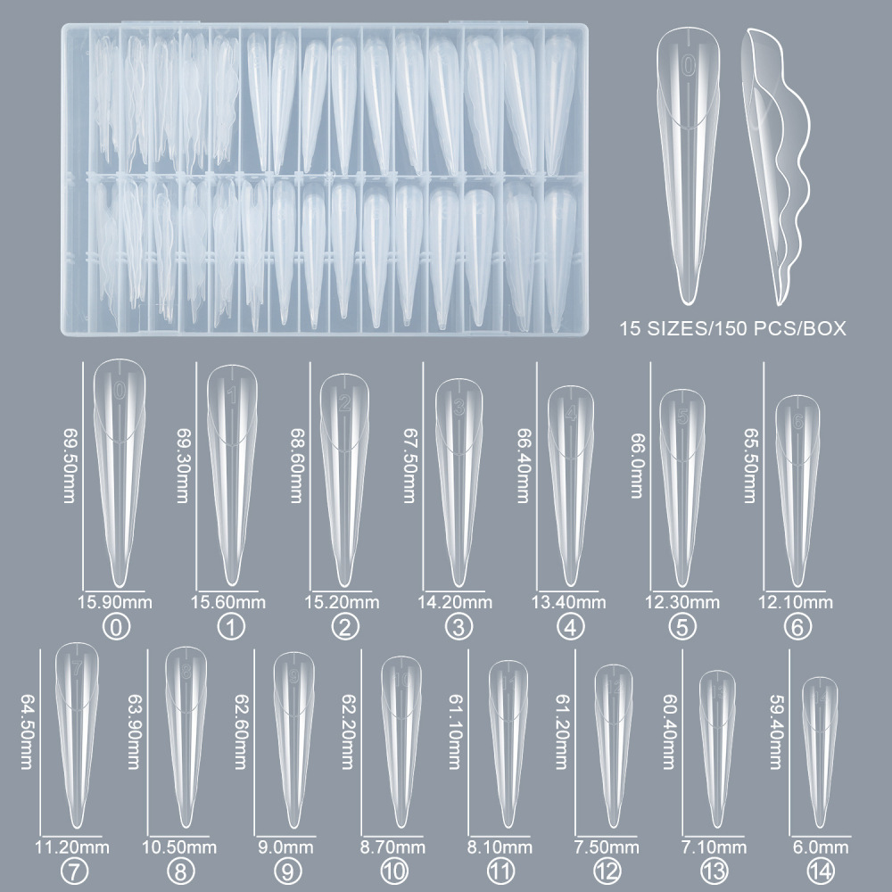 Extra Long Stiletto Artificial Nail Extension Forms 150PCS 15 Sizes Clear No-Paper Form Nail Builder Tips