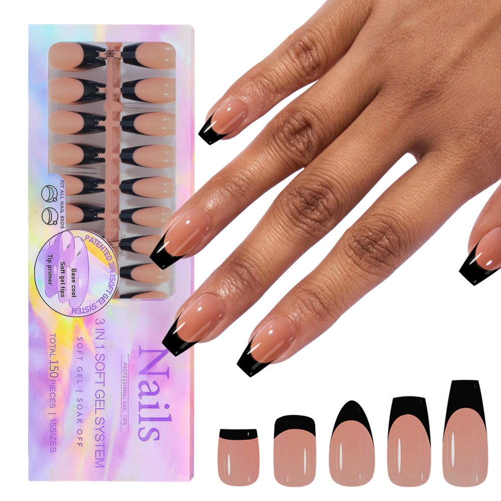 Wholesale Black French Tip 3-in-1 Soft Gel Press-on Nails 150PCS 15 Sizes 5 Styles