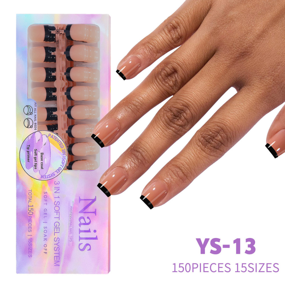 Wholesale Black French Tip 3-in-1 Soft Gel Press-on Nails 150PCS 15 Sizes 5 Styles