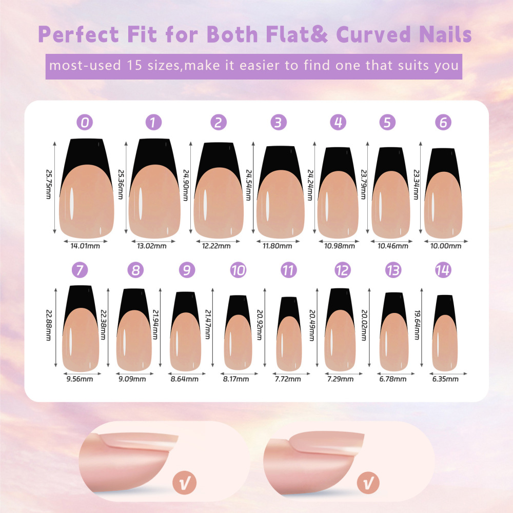 Wholesale Black French Tip 3-in-1 Soft Gel Press-on Nails 150PCS 15 Sizes 5 Styles
