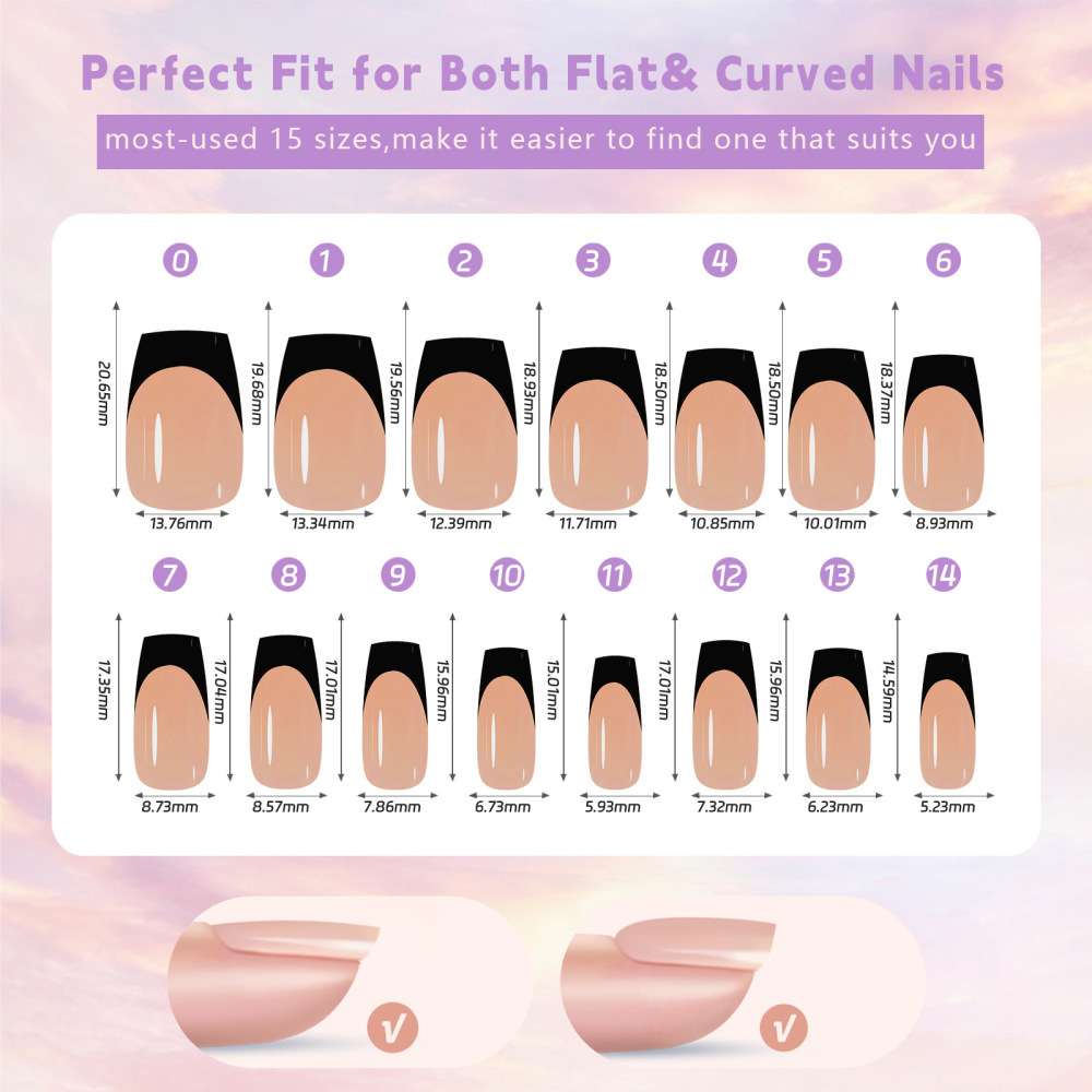 Wholesale Black French Tip 3-in-1 Soft Gel Press-on Nails 150PCS 15 Sizes 5 Styles