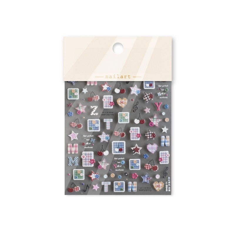 Plaid Button 3D Self Adhesive Nail Stickers