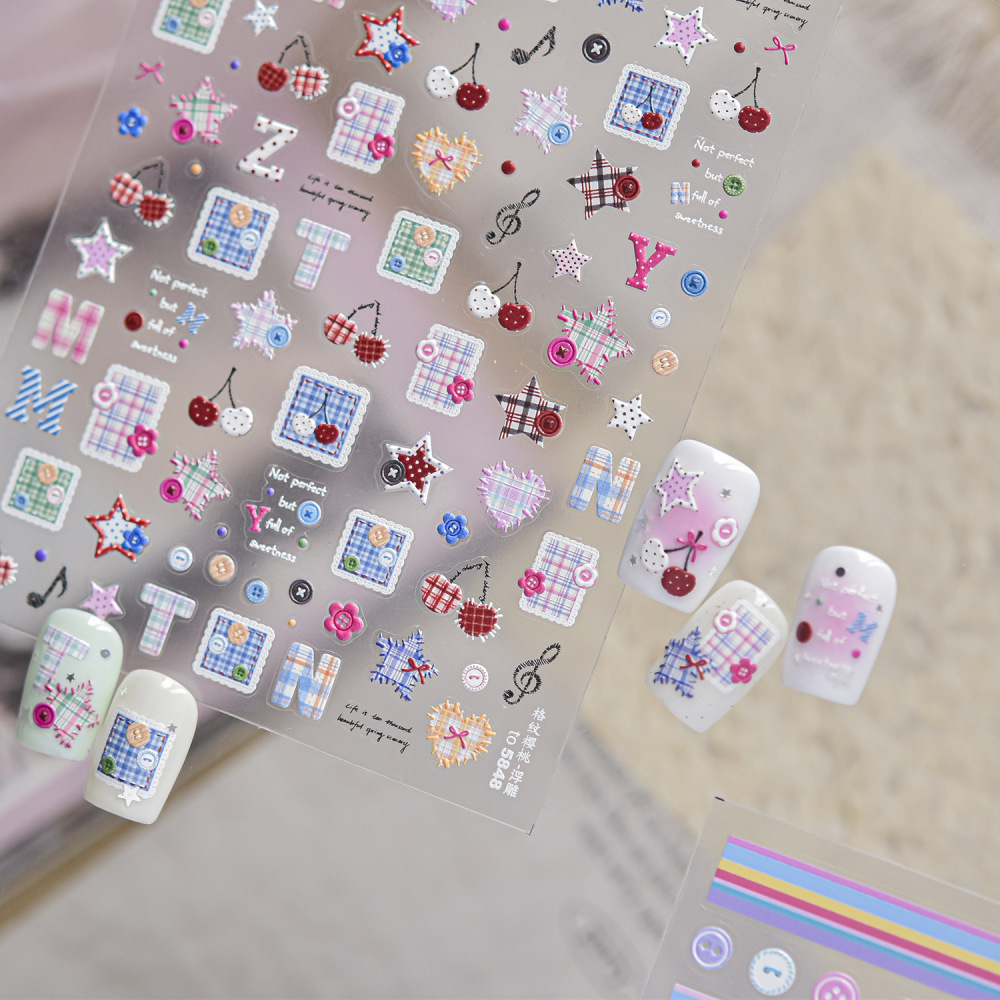Plaid Button 3D Self Adhesive Nail Stickers