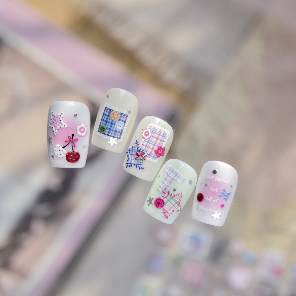 Plaid Button 3D Self Adhesive Nail Stickers