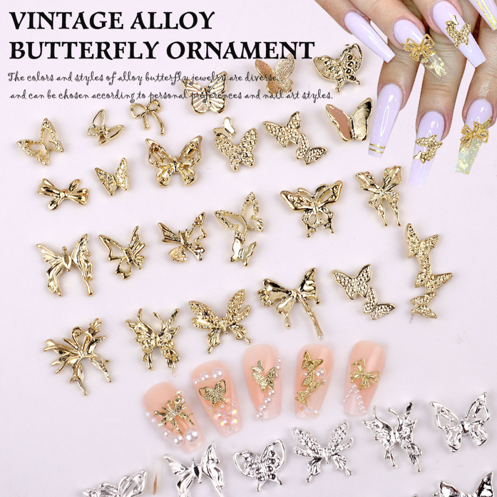 Assorted Butterfly and Bow Metal Nail Charms