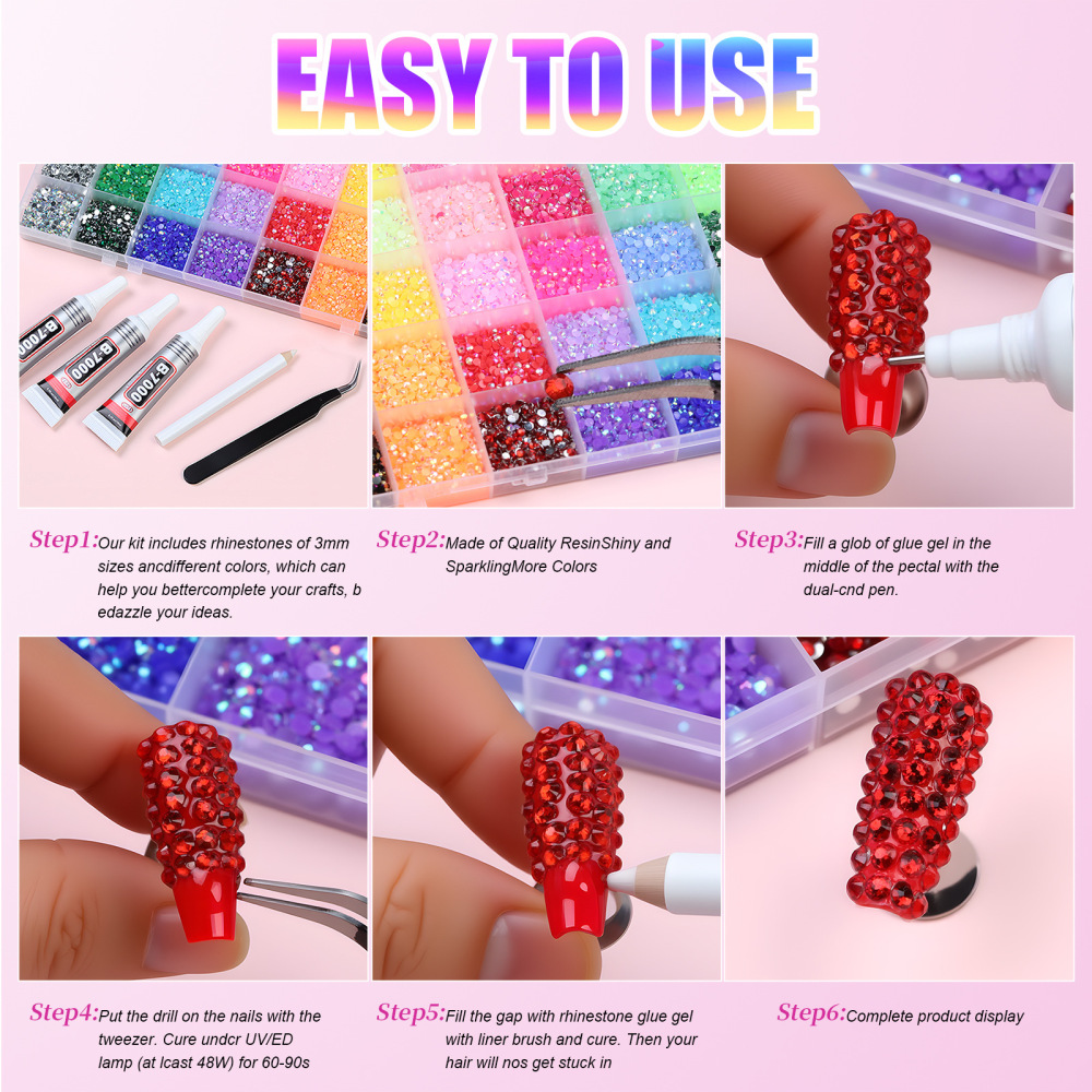 48Grids 3mm Resin Rhinestones Kit with B7000 Glue