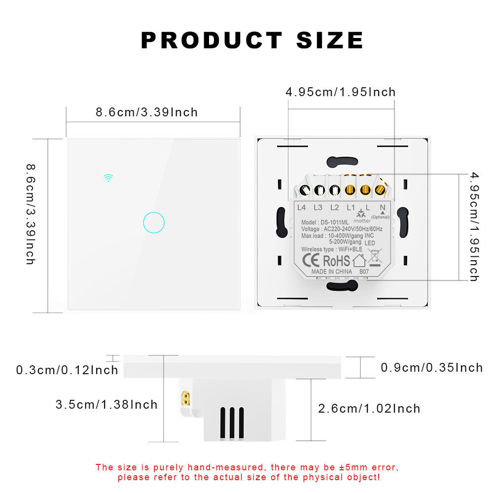 Matter Wi-Fi 1-Gang Smart Touch Switch (Supports Single-Wire & Live-Neutral Wiring)