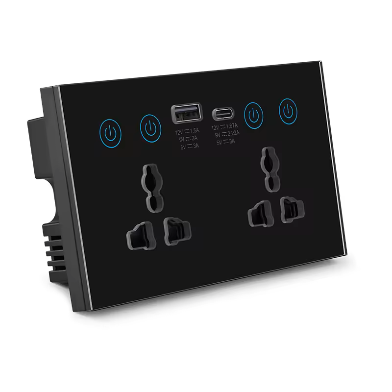 Tuya WiFi Smart Wall Socket 20A Double Outlet with USB-C & USB-A, Tempered Glass Panel, Energy Monitoring | GEL