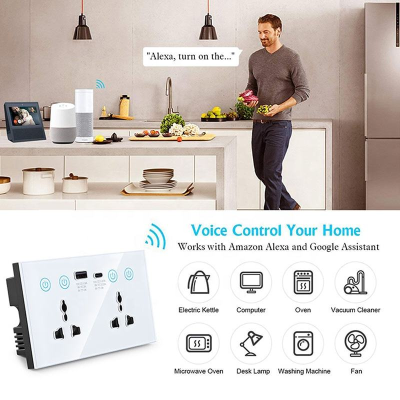 Tuya WiFi Smart Wall Socket 20A Double Outlet with USB-C & USB-A, Tempered Glass Panel, Energy Monitoring | GEL