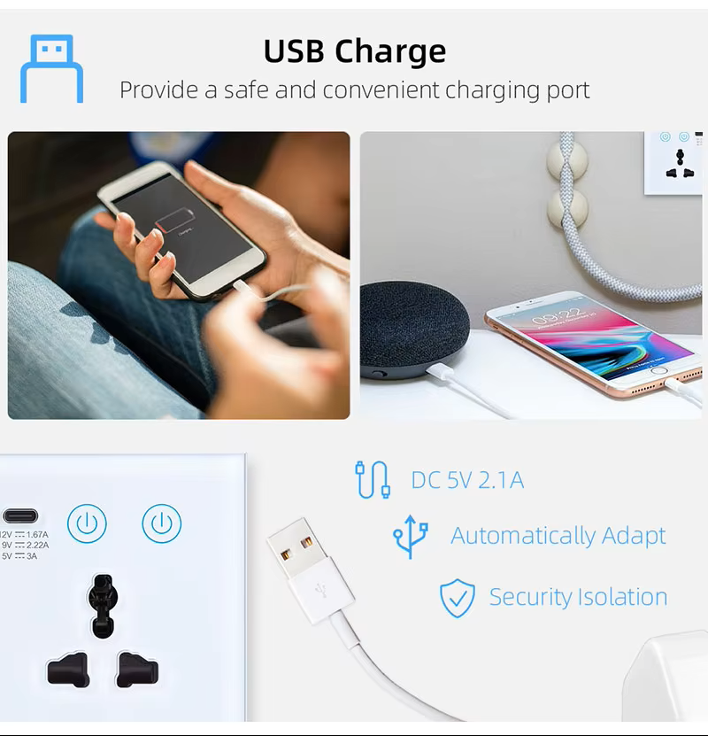 Tuya WiFi Smart Wall Socket 20A Double Outlet with USB-C & USB-A, Tempered Glass Panel, Energy Monitoring | GEL