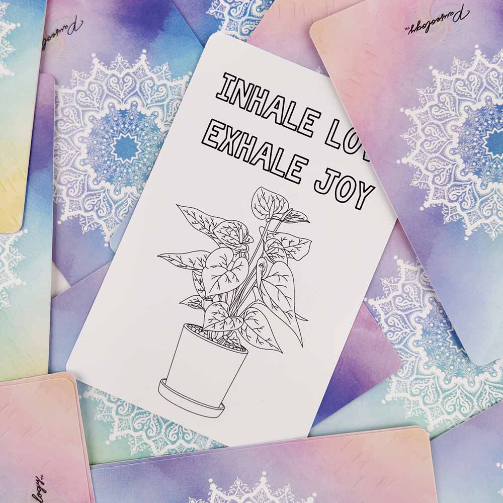 Divine Declarations botanical affirmation coloring card with inhale love exhale joy plant design for meditation and mindful breathing