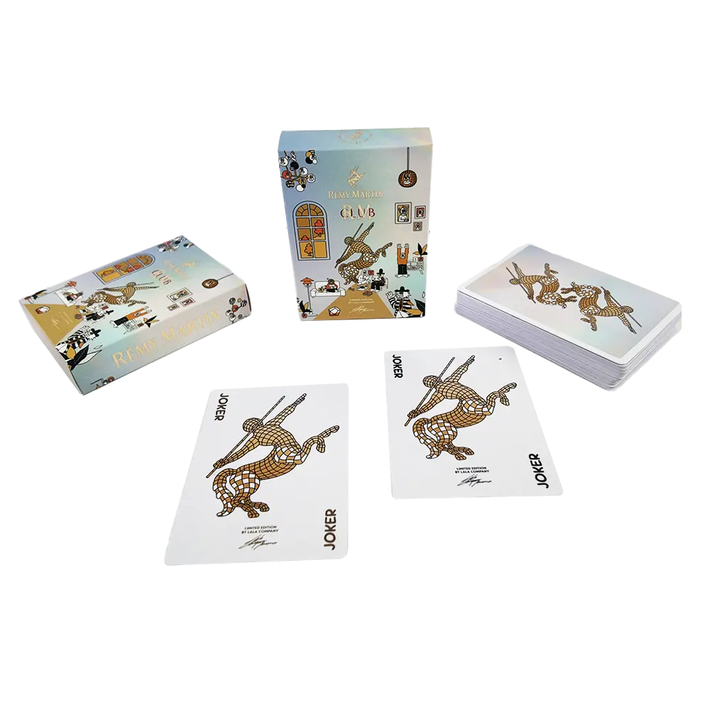RÉMY MARTIN co-branded custom playing card deck with tuck boxes and illustrated Joker cards