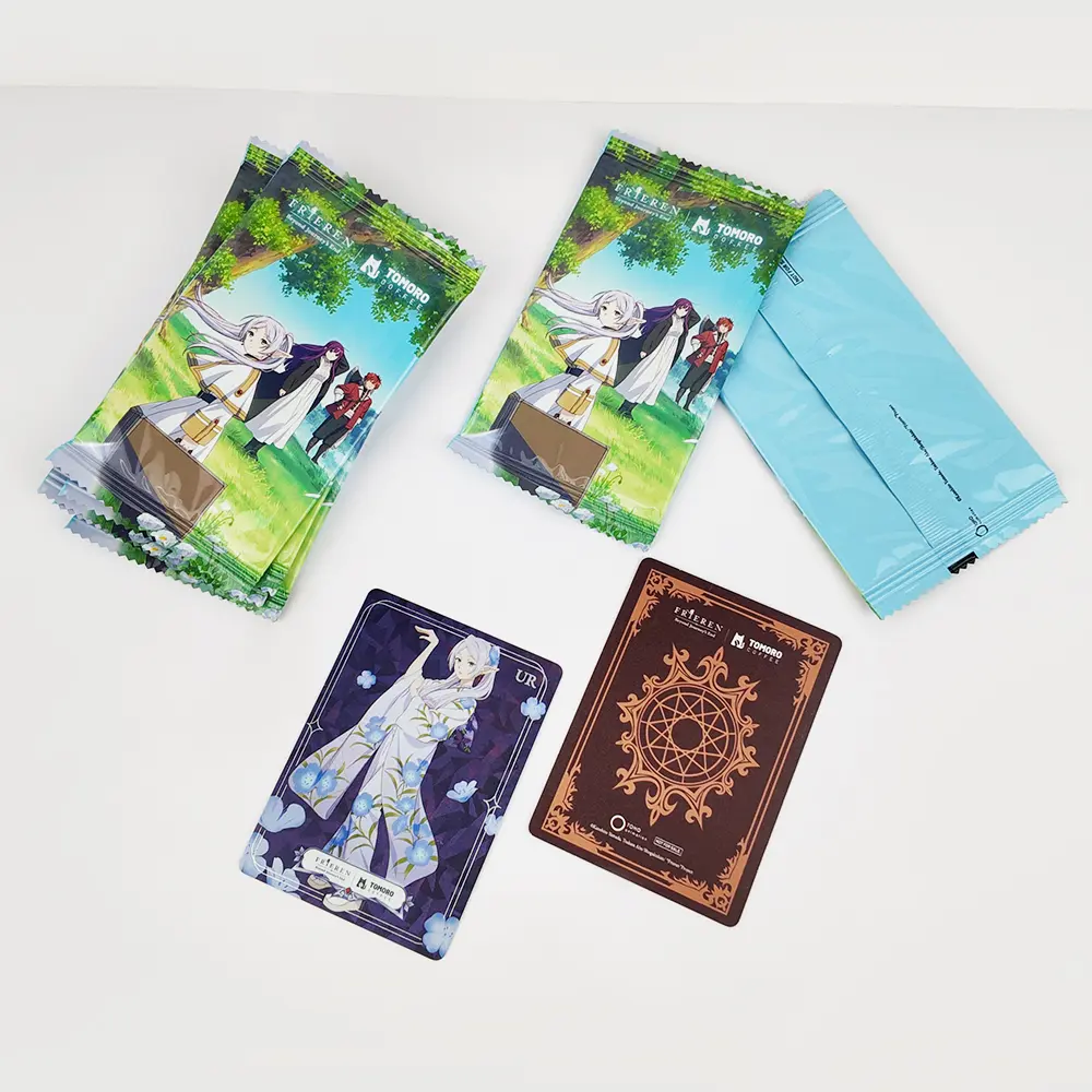 Custom anime trading cards with printed foil booster packs and collector card backs