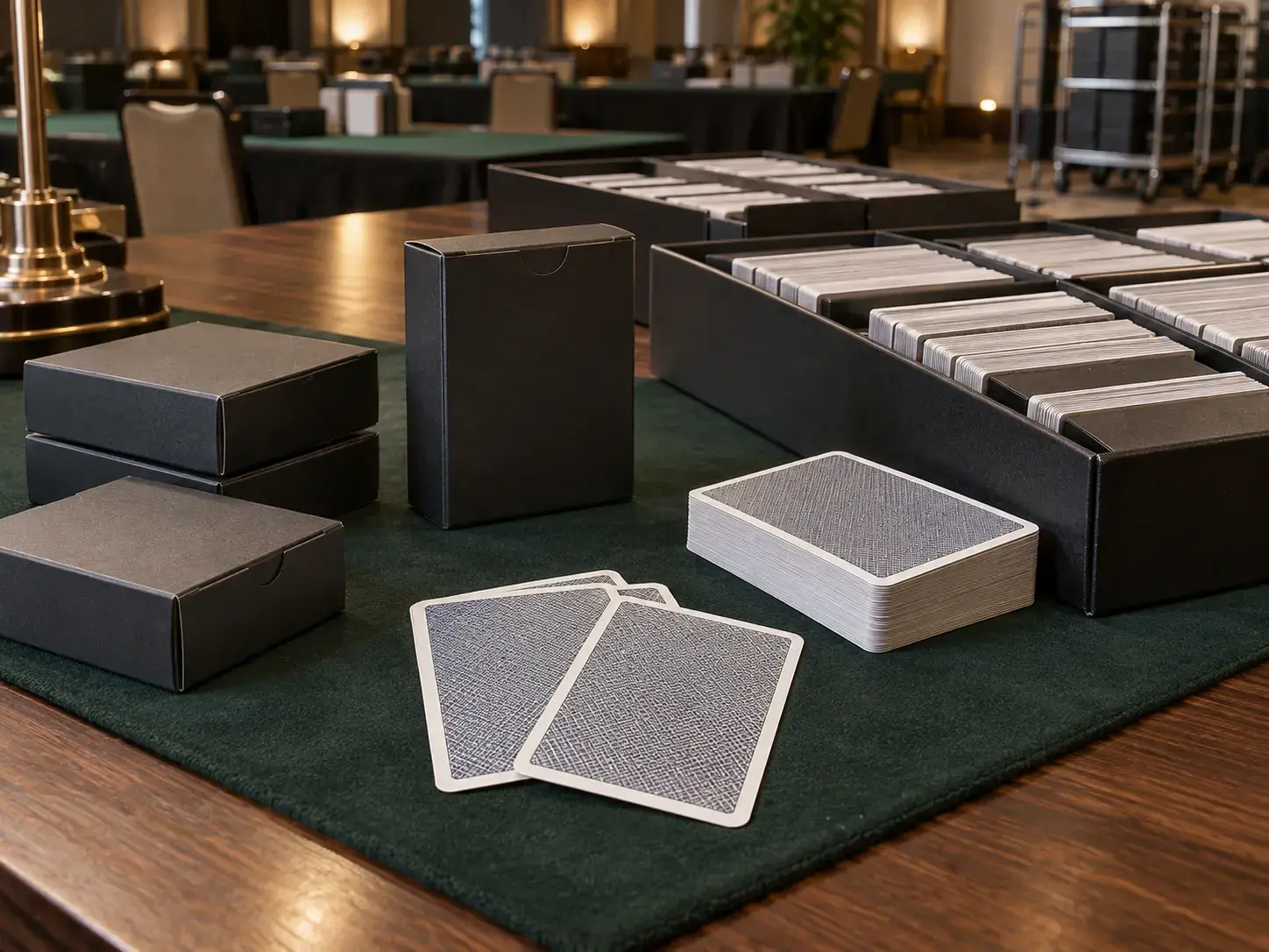 Protective custom paper playing cards and tournament packaging for rapid distribution