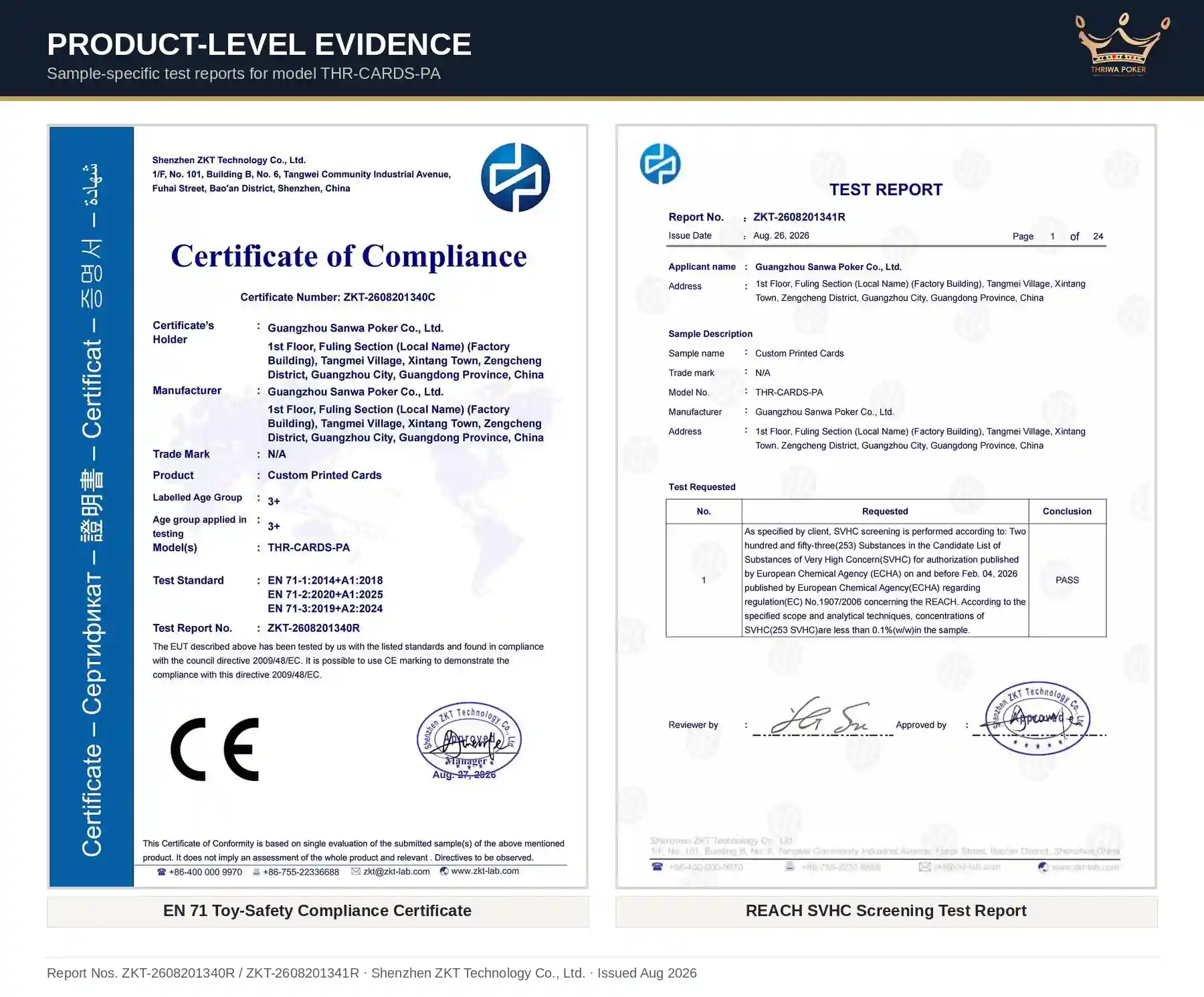 Product-level compliance evidence for THRIWA-CARDS-PA custom cards: EN71 toy-safety compliance certificate alongside REACH SVHC test report