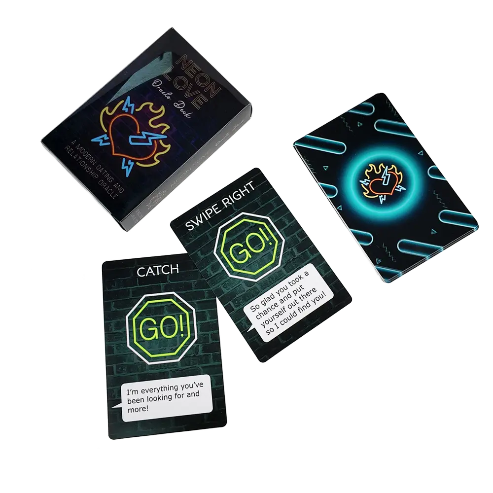 Custom relationship oracle cards with neon artwork and tuck box