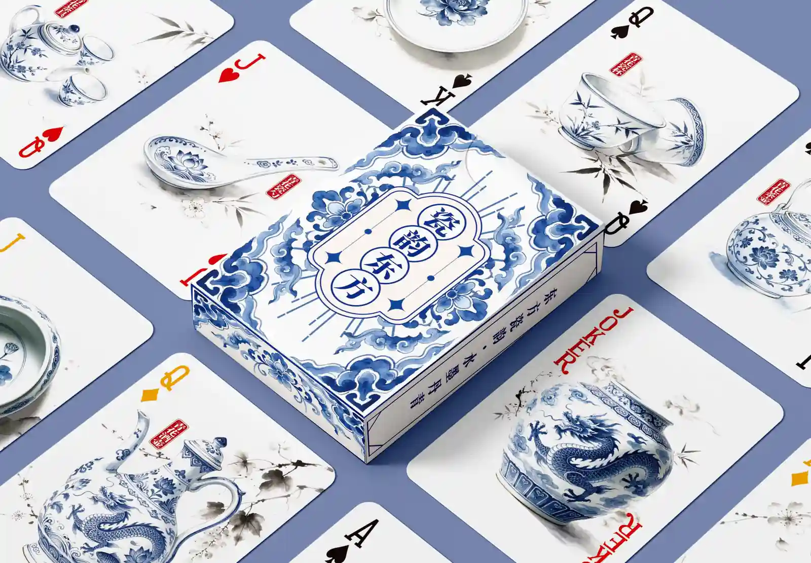 Baralho de porcelana azul e branca com estojo floral e cartas ilustradas