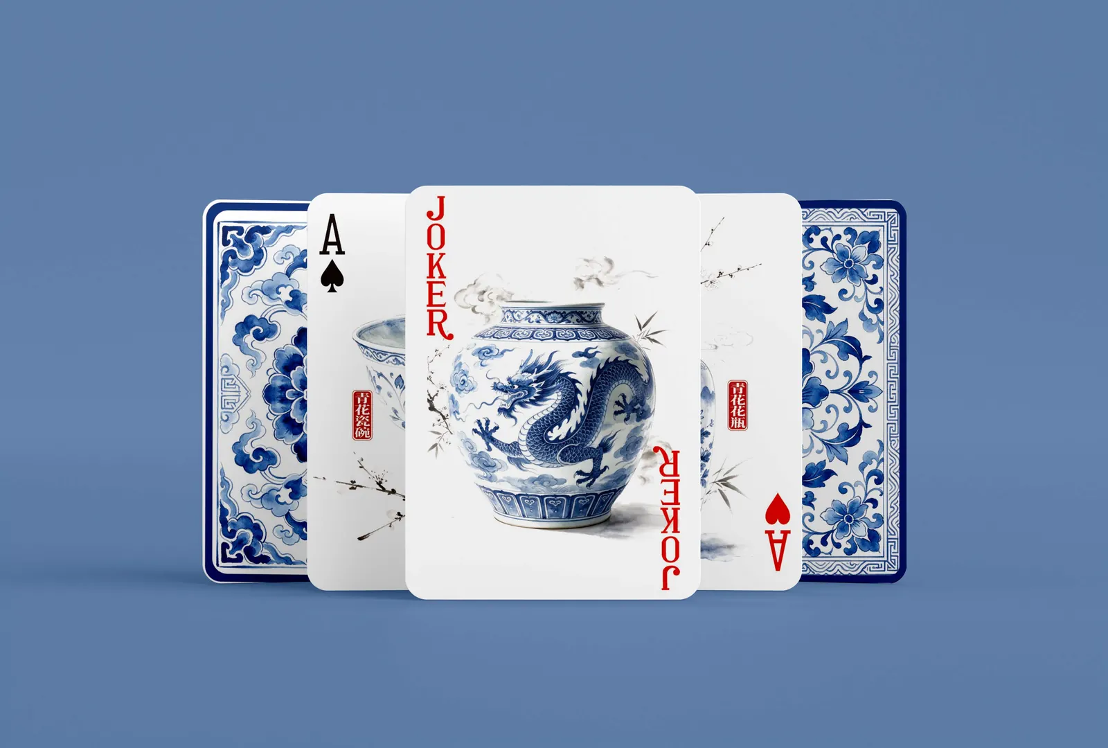 Baralho de porcelana azul e branca com versos estampados, um Ás e um Coringa em forma de dragão.