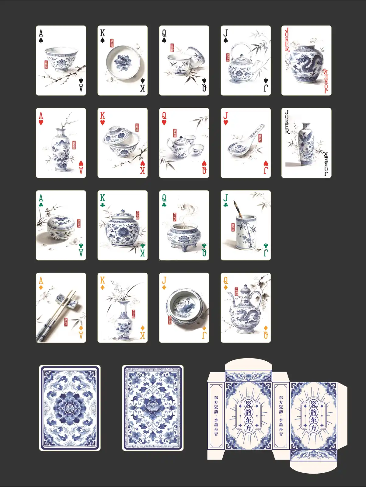 Layout de cartas de baralho em porcelana azul e branca com ilustrações dos valores das cartas, dois curingas, dois versos de cartas e um molde para a caixa.