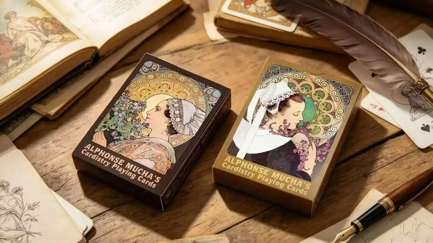 Duas caixas de cartas Art Nouveau com retratos femininos ornamentais sobre uma mesa de madeira