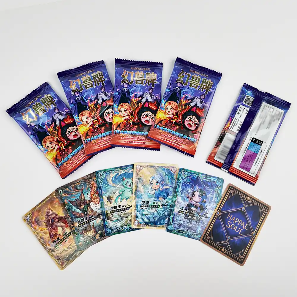 HAPPAL SOUL Phantom Beast booster packs with holographic common and rare TCG cards arranged on a white background