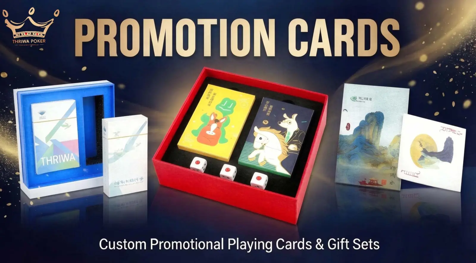 Custom promotional playing card decks with printed tuck boxes and presentation packaging